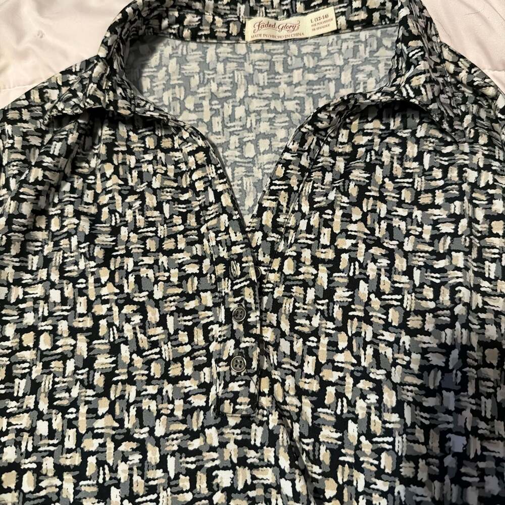 FADED GLORY top shirt blouse Large 12-14 Black White Button Front